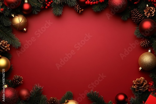 Luxurious Christmas Border with Pine Cones and Red Decorations on Deep Red Winter Background : Generative AI