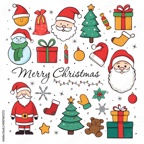 Collection of doodle Christmas Badges, Patches, Stickers. New Year's design elements and icons. Santa Claus, Snowman, Snowflake, Fir Tree in Comic Style