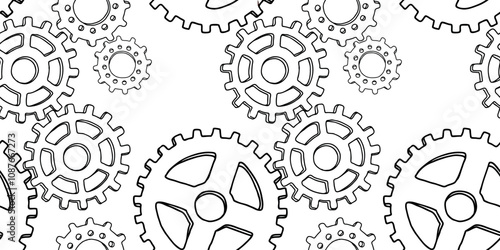 Seamless pattern of outlines gear wheels, vector hand drawn background, paper