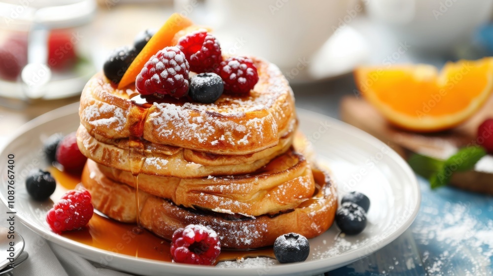 A delicious stack of French toast topped with fresh berries, powdered sugar A delicious stack of French toast topped with fresh berries, powdered sugar