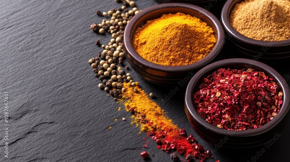 A collection of vibrant spices in bowls on a slate surface, highlighting culinary diversity. A collection of vibrant spices in bowls on a slate surface, highlighting culinary diversity.