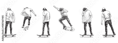 Sketches of teen boy training on skateboard, realistic hand drawn vector illustration