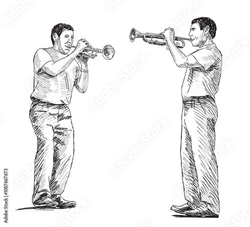 Sketches of two trumpeters standing and playing tube outdoors, realistic hand drawing, vector