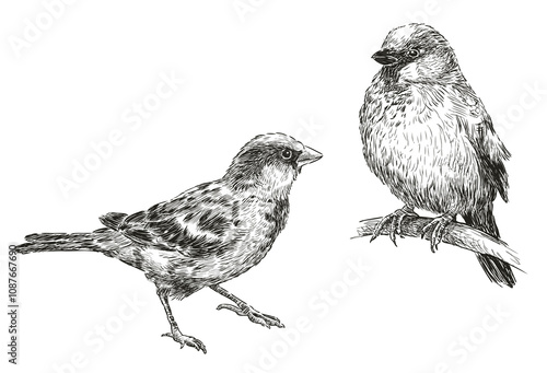 Sketches of two small sparrows birds, realistic hand drawn illustration, vector, isolated on white