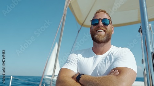 A joyful man, wearing sunglasses and a white t-shirt, smiles broadly on a sailing boat amidst the vast, serene blue sea under a clear sky.