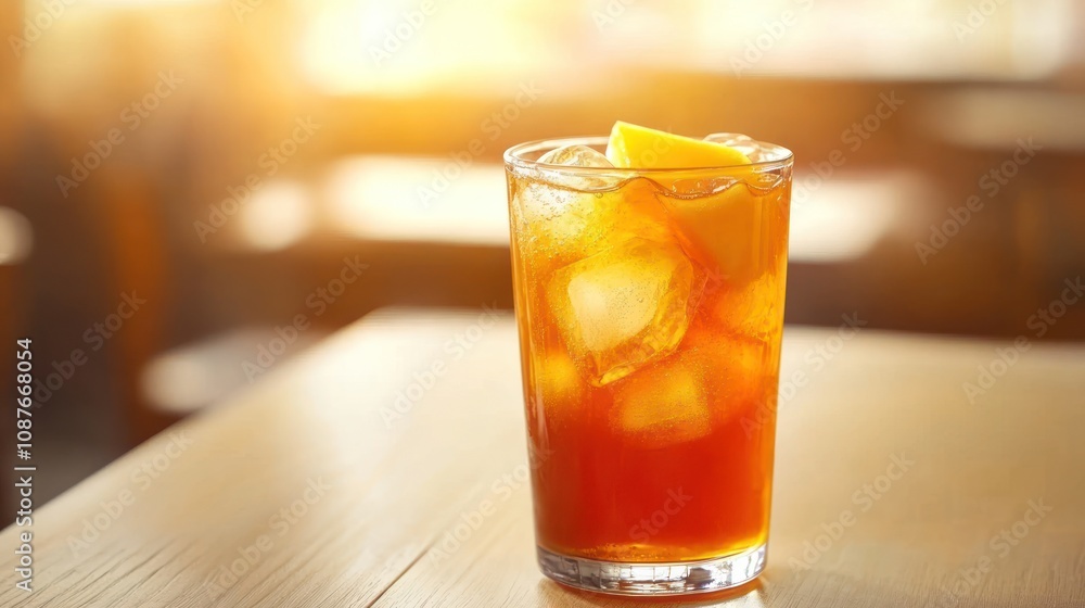 A refreshing glass of iced tea with lemon, served in a warm, inviting setting. A refreshing glass of iced tea with lemon, served in a warm, inviting setting.
