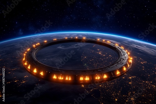 Fototapeta Naklejka Na Ścianę i Meble -  A 3D-rendered model of a futuristic space station orbiting a vividly detailed Earth