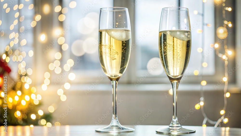 Close-up of champagne glasses clinking with golden bubbles and glowing lights in a festive mood Close-up of champagne glasses clinking with golden bubbles and glowing lights in a festive mood