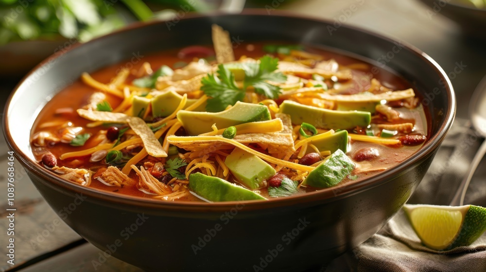 A delightful bowl of chicken tortilla soup garnished with crispy tortilla strips, diced avocado A delightful bowl of chicken tortilla soup garnished with crispy tortilla strips, diced avocado