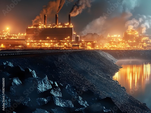 Industrial Landscape at Night with Illuminated Factories, Reflections on Water, and Smokestacks Emitting Vapors in a Dark and Foggy Environment photo