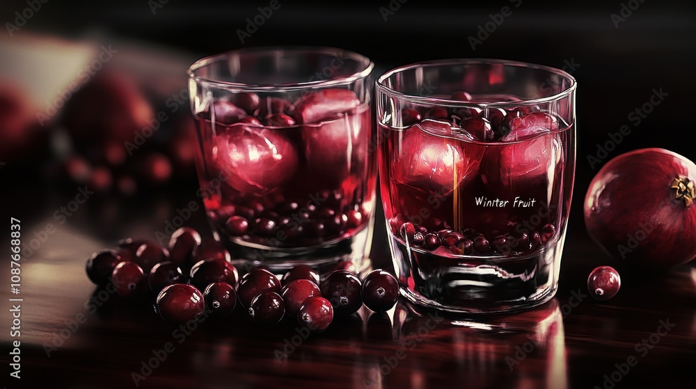 Two glasses filled with red liquid and ice, surrounded by red fruits on a wooden surface. Two glasses filled with red liquid and ice, surrounded by red fruits on a wooden surface.
