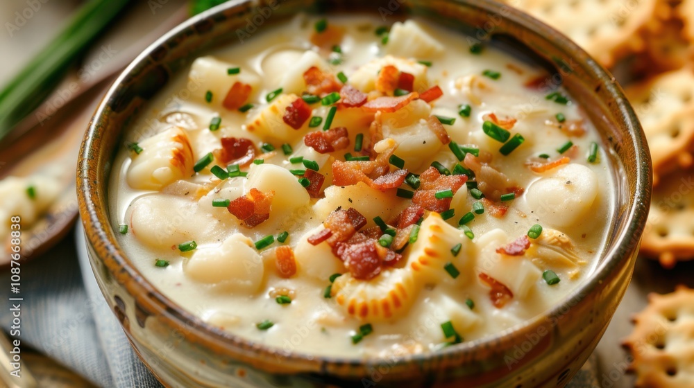 A delightful bowl of clam chowder soup garnished with crispy bacon bits and chopped chives, Clam chowder bowl centered A delightful bowl of clam chowder soup garnished with crispy bacon bits and chopped chives, Clam chowder bowl centered