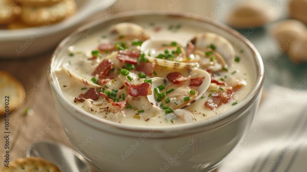 A delightful bowl of clam chowder soup garnished with crispy bacon bits and chopped chives, Clam chowder bowl centered A delightful bowl of clam chowder soup garnished with crispy bacon bits and chopped chives, Clam chowder bowl centered