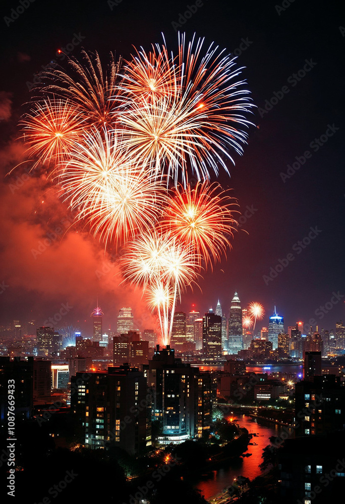 City skyline at midnight with vibrant fireworks and illuminated buildings.
City skyline at midnight with vibrant fireworks and illuminated buildings.