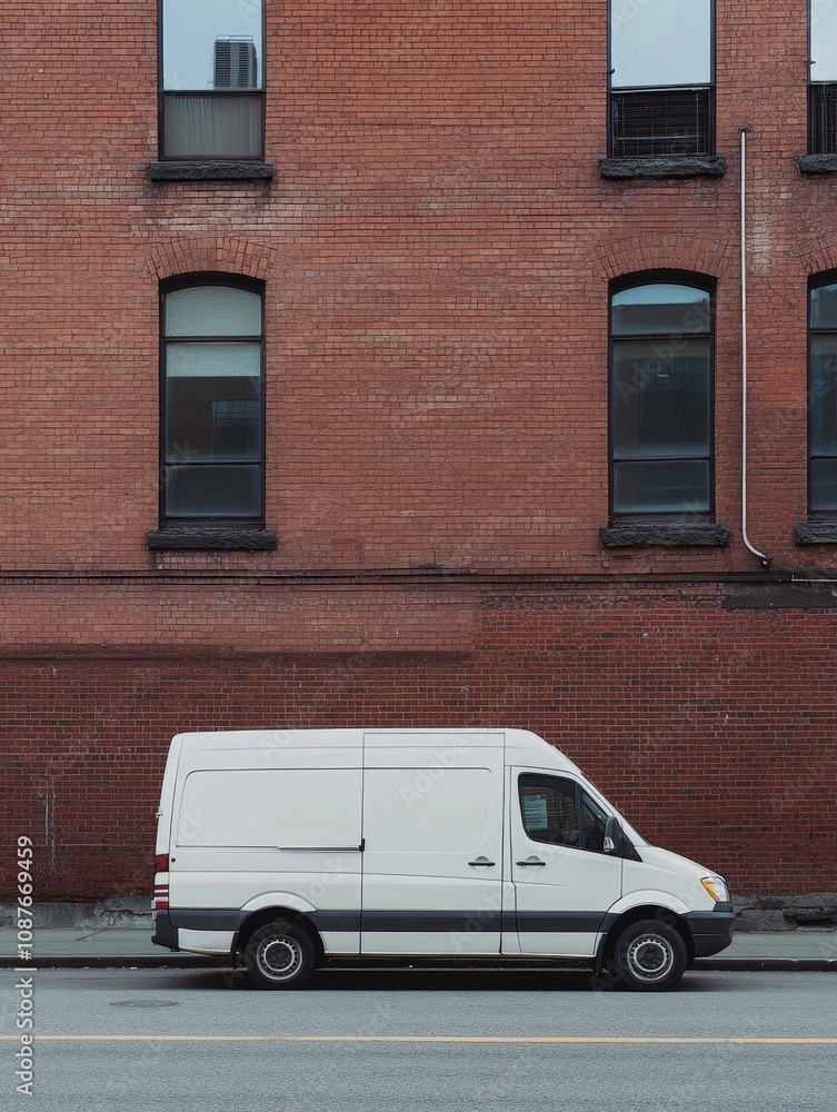 Fototapeta premium White Cargo Van Parked on City Street - Minimalist urban scene, white cargo van parked against a red brick wall, symbolizing delivery, transportation, logistics, urban life, and simplicity.