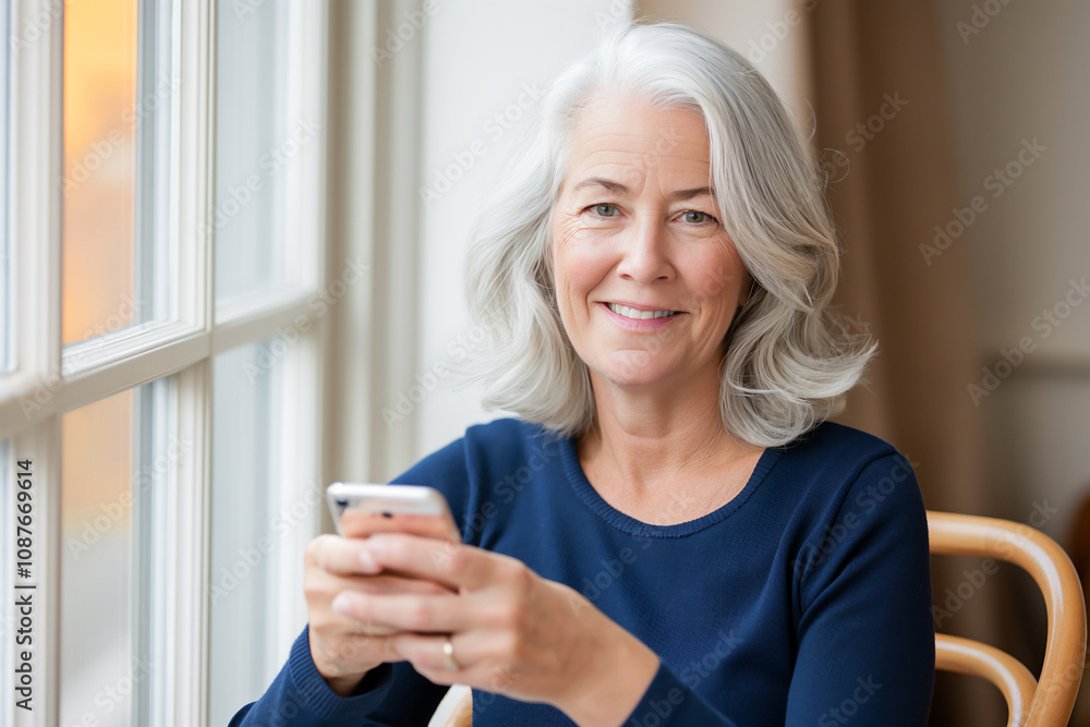 Relaxed Senior Woman holding Smartphone and sitting by a window. Perfect for concepts of technology, communication, modern aging, and a connected lifestyle, online Shopping.