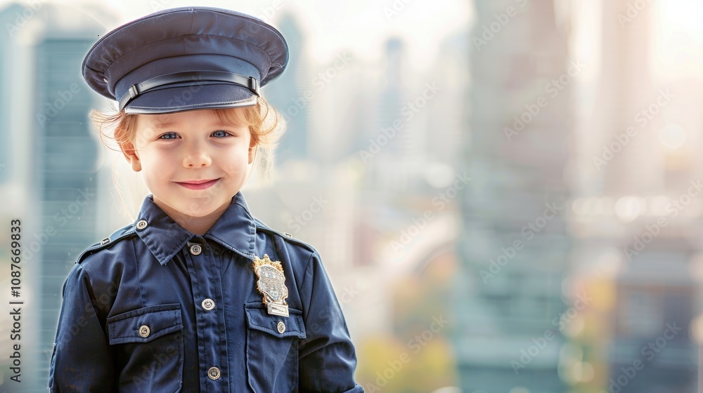 Child in Police Uniform Against Cityscape Background for Education or Career Day Theme Child in Police Uniform Against Cityscape Background for Education or Career Day Theme