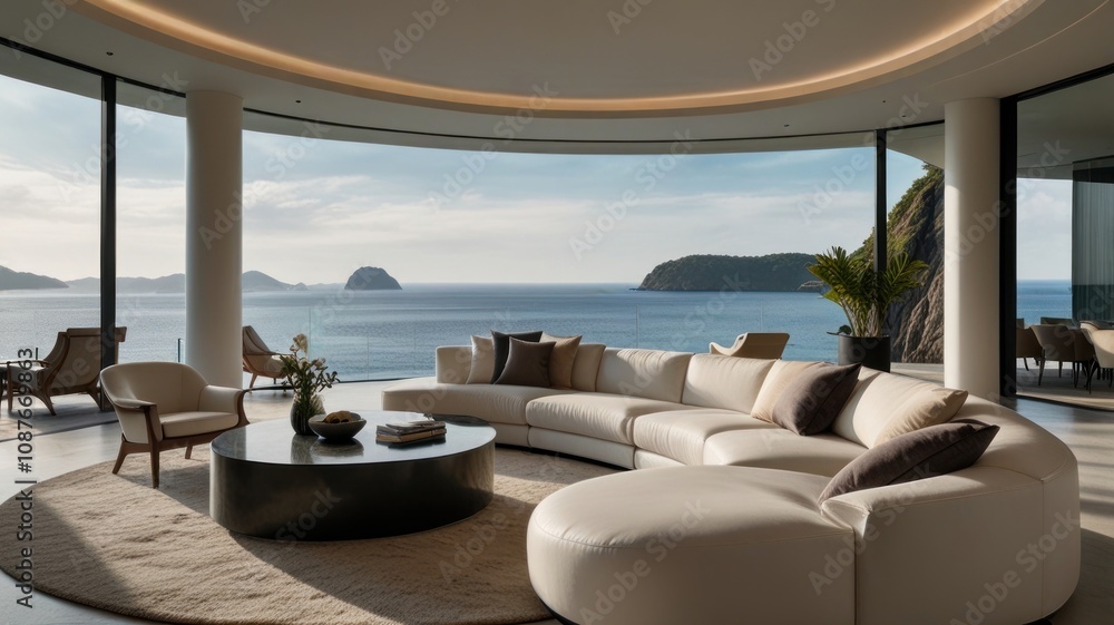 Fototapeta premium Here's a description and keywords for your stock photo.. Luxurious curved living room with panoramic ocean view.