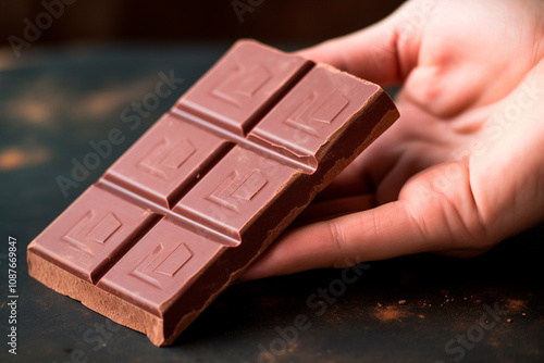 Hand holding a pure cocoa chocolate bar during a festive occasion like Easter or Valentines Day. photo