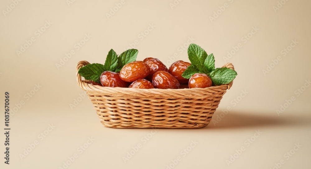 A woven basket filled with dates and fresh mint leaves on a neutral background. A woven basket filled with dates and fresh mint leaves on a neutral background.