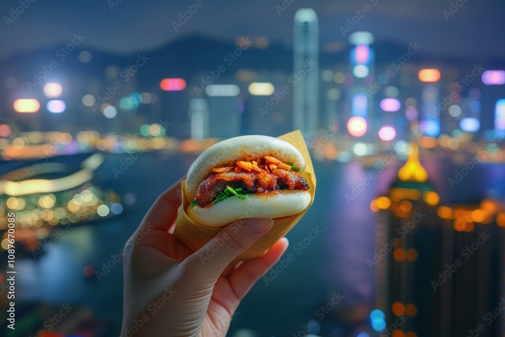 A hand holding a delicious bao bun with a city skyline at night in the background. A hand holding a delicious bao bun with a city skyline at night in the background.