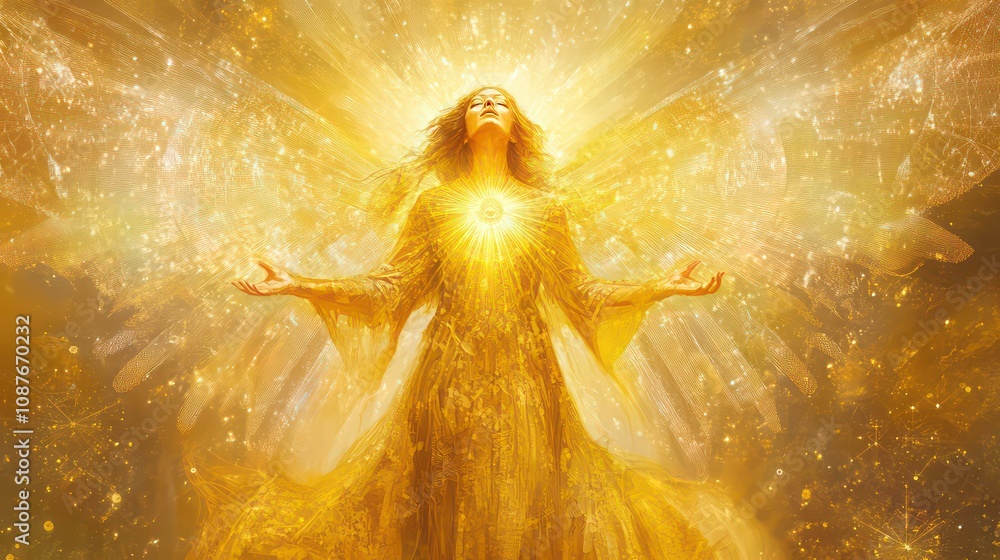 A radiant woman with golden wings and glowing light emanating from her heart, symbolizing divine energy and spiritual enlightenment. A radiant woman with golden wings and glowing light emanating from her heart, symbolizing divine energy and spiritual enlightenment.