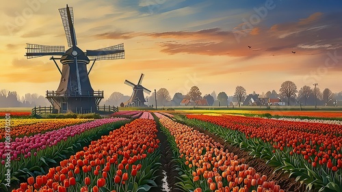 Amsterdam a vibrant city of tulips, scenic canals and rich art. Colorful Tulip Fields with Windmills at Sunset