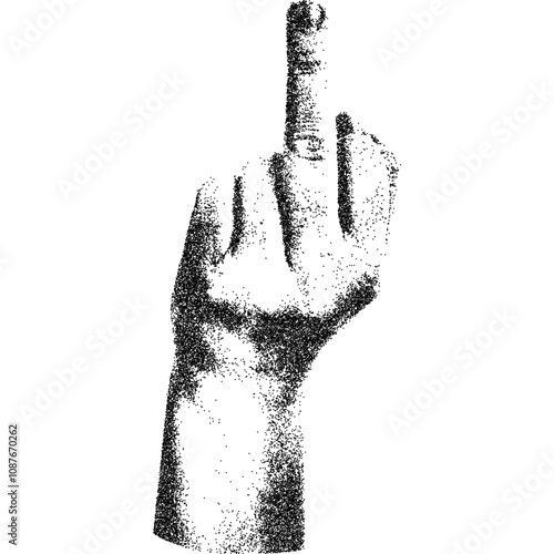 Hand with middle finger up in halftone stipple effect, for grunge punk y2k collage design. Vector illustration in grainy photocopy texture for experimental dotted retro banner design