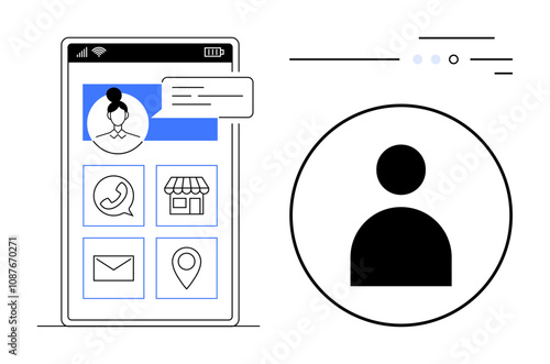 Smartphone screen displaying user profile picture, contact, location, message, and store icons. User avatar in a large circle beside the phone. Ideal for social media, online stores, messaging apps
