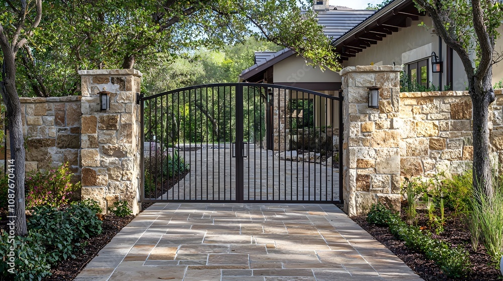 Decorative Iron Gate with Stone Fence at Property Frontage Decorative Iron Gate with Stone Fence at Property Frontage