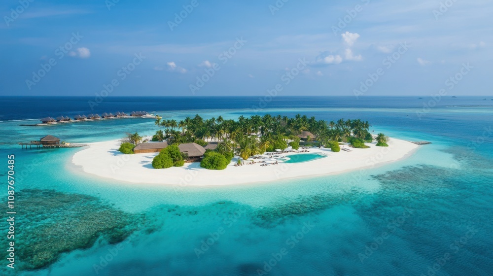 Fototapeta premium Luxury Tropical Island Resort White Sand Beach, Turquoise Ocean, Palm Trees