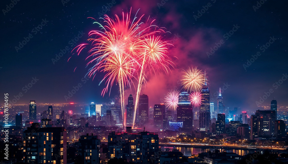City skyline at midnight with vibrant fireworks and illuminated buildings.
City skyline at midnight with vibrant fireworks and illuminated buildings.