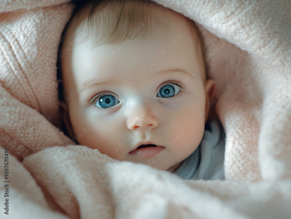 Cute baby under a blanket with blue eyes and light pink and green colors high-detail high-resolution photography. Cute baby under a blanket with blue eyes and light pink and green colors high-detail high-resolution photography.