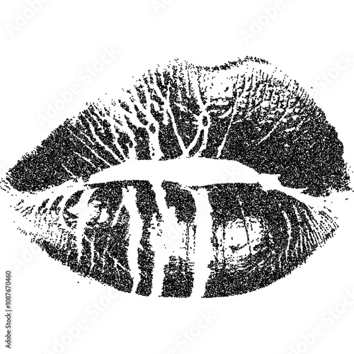 Lipstick mouth with halftone stipple effect, for grunge punk y2k collage design. Vector illustration in grainy photocopy texture for experimental dotted retro banner design