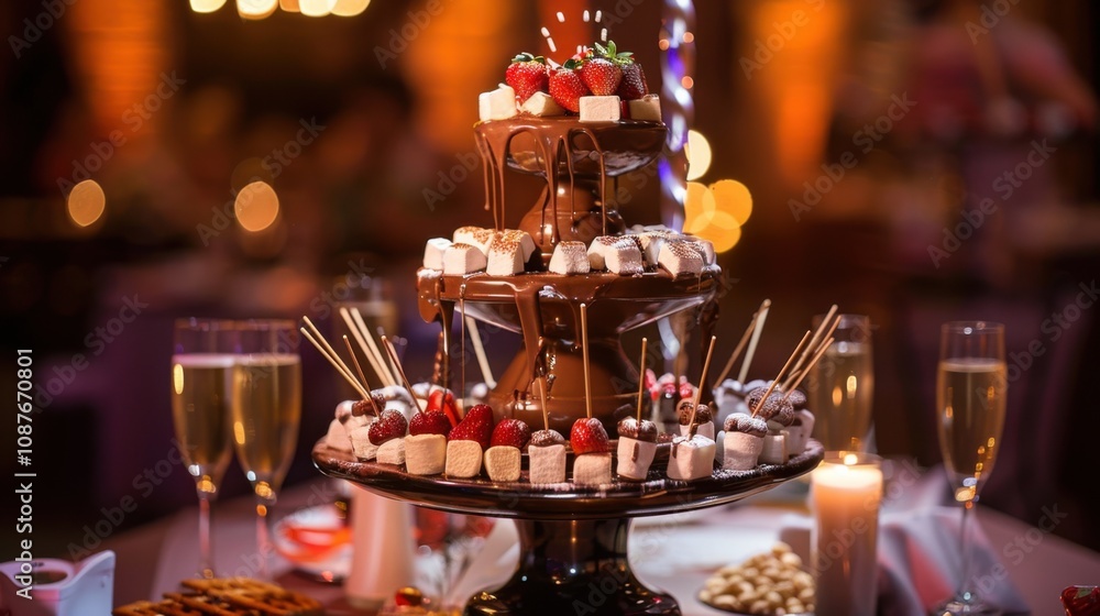 A delightful chocolate fountain surrounded by skewers of marshmallows, strawberries A delightful chocolate fountain surrounded by skewers of marshmallows, strawberries