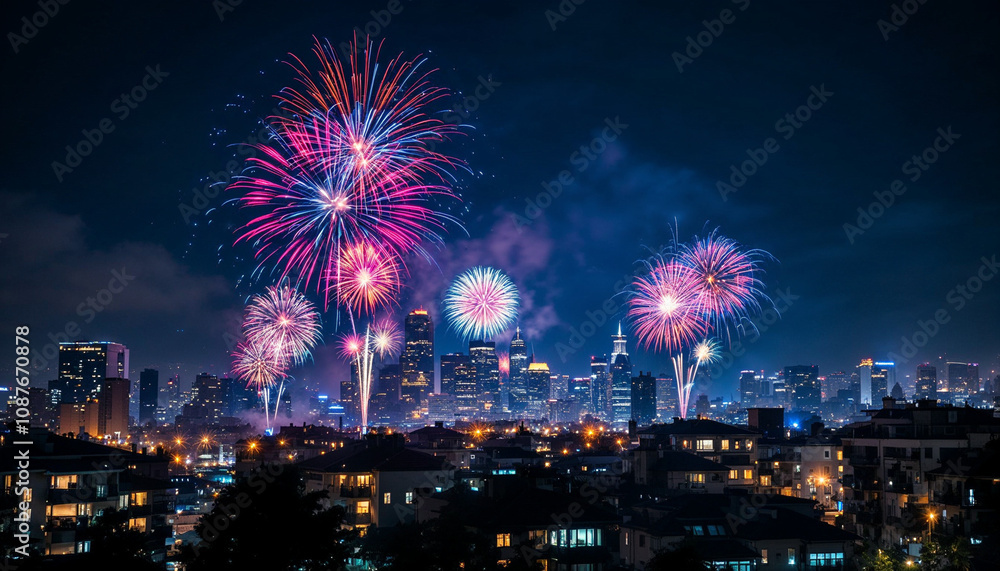 City skyline at midnight with vibrant fireworks and illuminated buildings.
City skyline at midnight with vibrant fireworks and illuminated buildings.