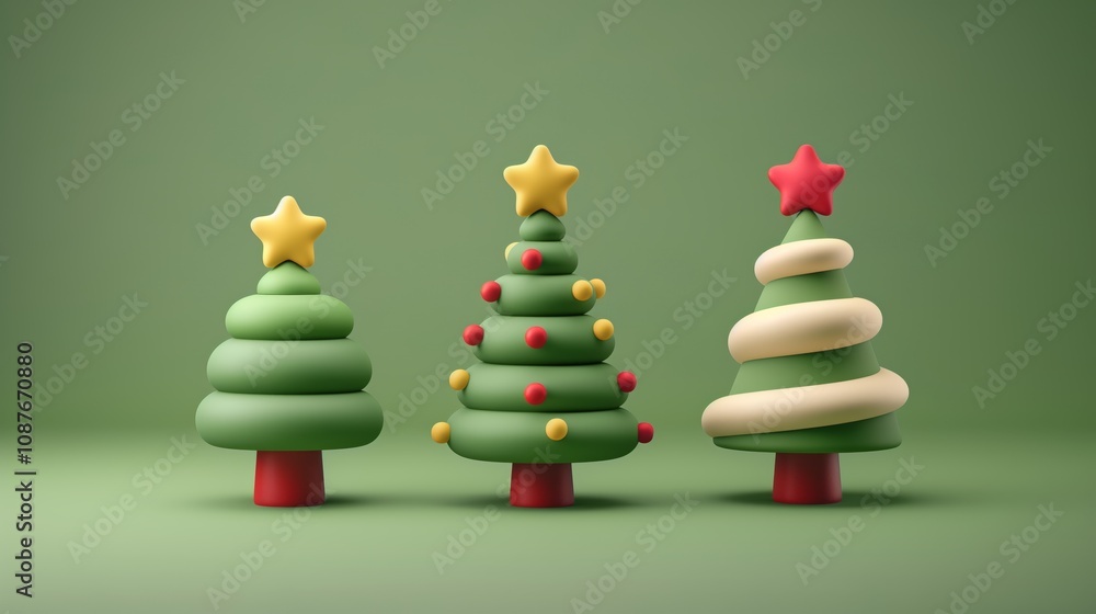 A set of three stylized Christmas trees on a green background with festive decorations. A set of three stylized Christmas trees on a green background with festive decorations.