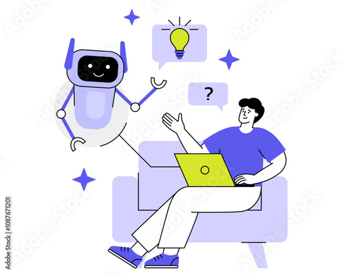 Artificial intelligence helps a human solve a work task. Cute robot gives an idea to a light bulb flat vector illustration. A guy sits on a sofa with a laptop