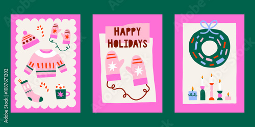 Cute cutout style Christmas cards vector templates. Hand drawn simple retro holidays illustration prints set with winter clothes, mittens, Christmas wreath, candles