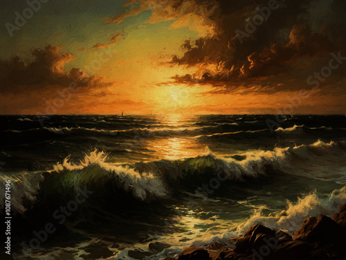 Obraz na płótnie Lebhafte Wellen brechen bei Sonnenuntergang über den Felsen am Meer in einer dramatischen Himmelslandschaft w salonie