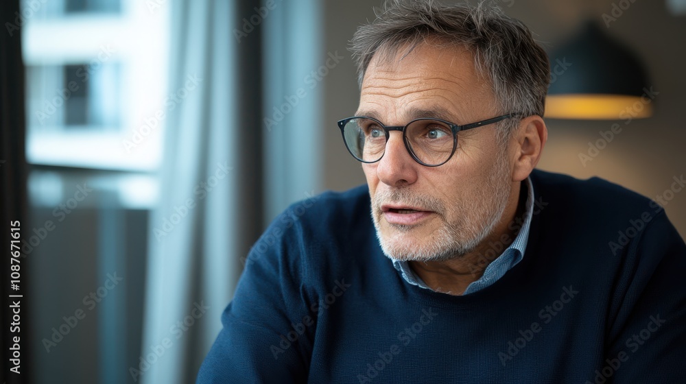 Thoughtful businessman engaged in discussion, wearing glasses, in a modern office setting with soft natural light streaming through the window. Thoughtful businessman engaged in discussion, wearing glasses, in a modern office setting with soft natural light streaming through the window.