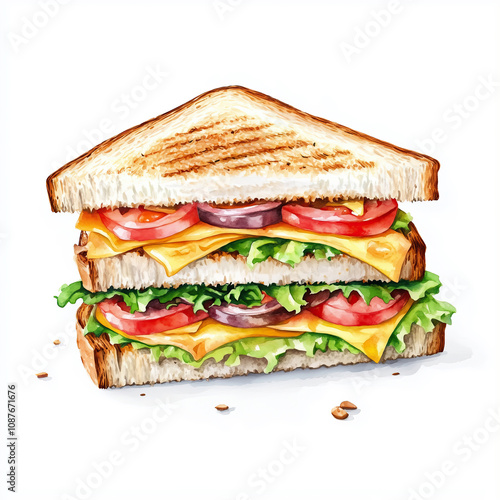 Watercolor depiction of club sandwich isolated on white background