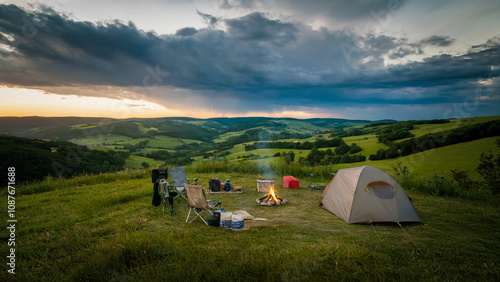 A campsite perched on a grassy hillside, offering views of lush green valleys and distant villages, with ominous storm clouds looming in the distance. photo