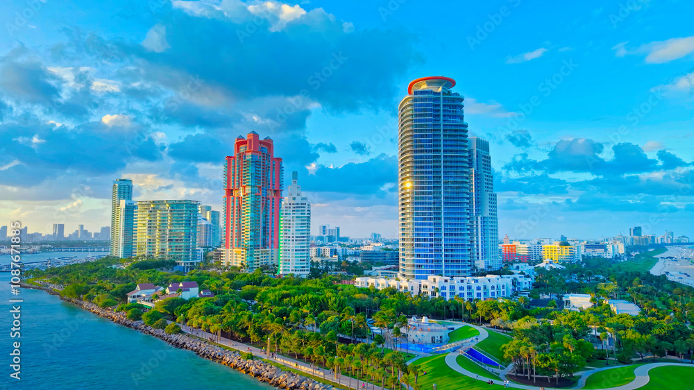 Obraz premium South Pointe Park and South Beach at Miami Beach with its iconic buildings aerial view