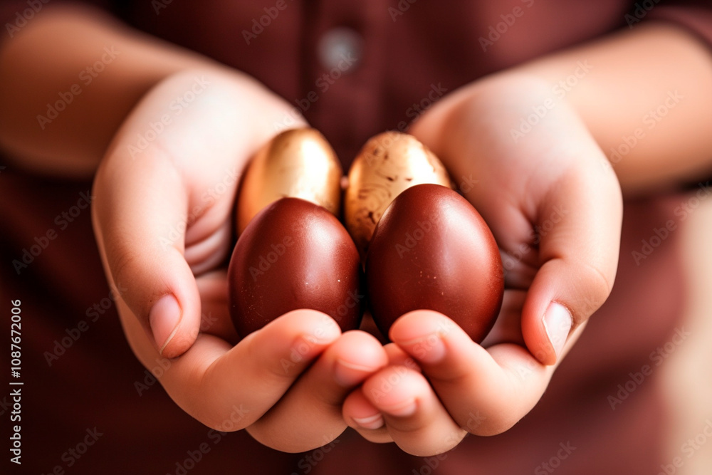 A pair of hands holding small chocolate eggs and colorful Easter chocolate candies. A pair of hands holding small chocolate eggs and colorful Easter chocolate candies.