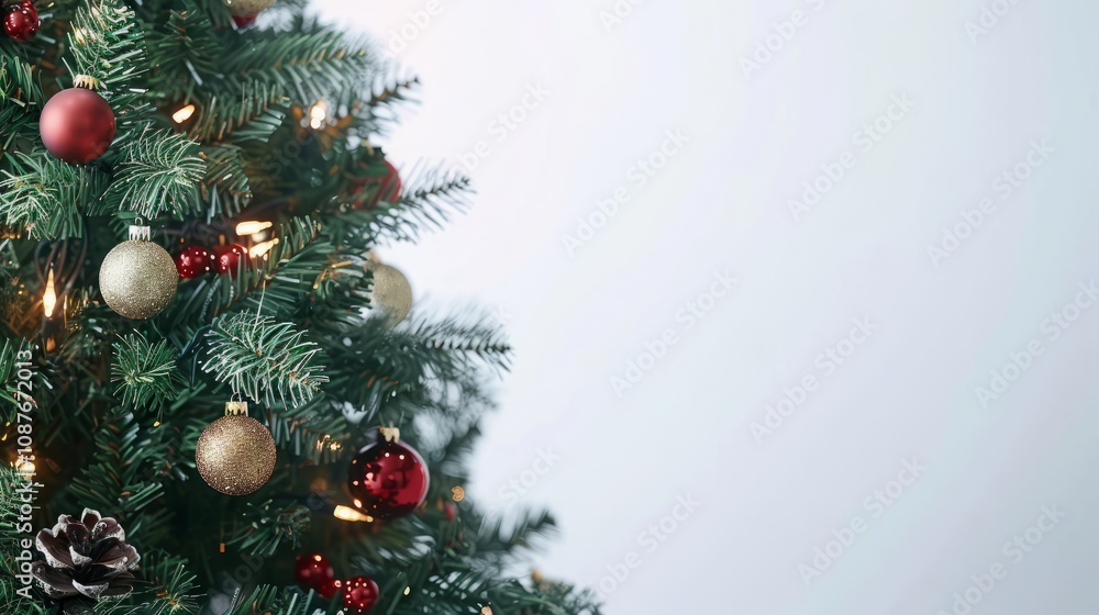 part of a Christmas tree with lights on the side on a white background. part of a Christmas tree with lights on the side on a white background.