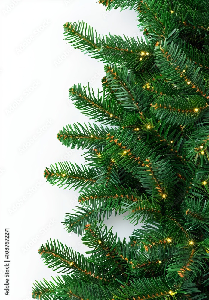 Obraz premium part of a Christmas tree with lights on the side on a white background.