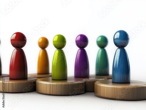 Colorful game pieces on wooden bases, white isolated background. photo