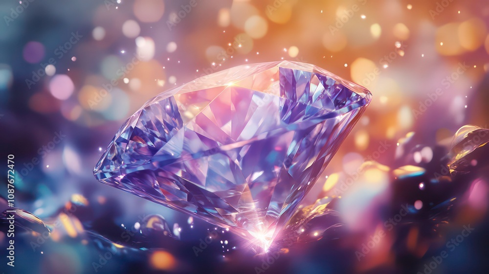 A sparkling blue diamond against a colorful bokeh background. A sparkling blue diamond against a colorful bokeh background.
