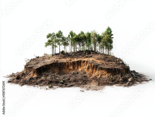 Isolated earth mound with trees on top, displaying climatic and ecological impact, white isolated background. photo